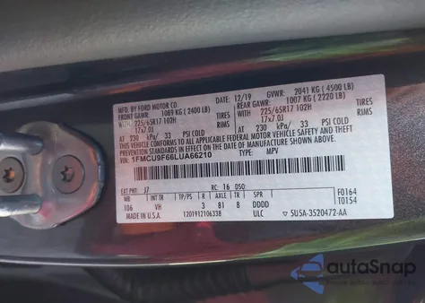 2020 Ford Escape S z USA, uszkodzony, nr VIN 1FMCU9F66LUA66210